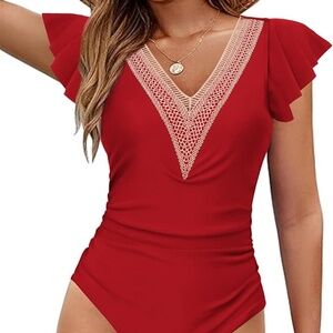 AI'MAGE Women's One Piece Swimsuits Lace Sexy V Neck Bathing Suit Ruffle Cap